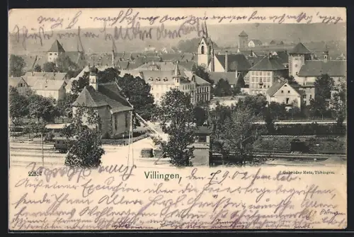 AK Villingen / Baden, Ortsansicht mit Bahnübergang