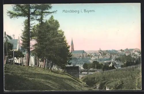 AK Münchberg i. Bayern, Stadtansicht mit Kirche und Bahn, Panorama