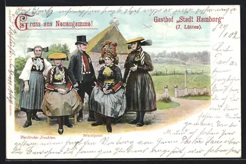 Künstler-AK Neuengamme, Gasthof Stadt Hamburg, Vierländer Trachten, Brautpaar