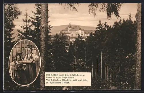 AK Marienbad, Cafe Egerländer, Zwei Frauen in Egerländer Tracht