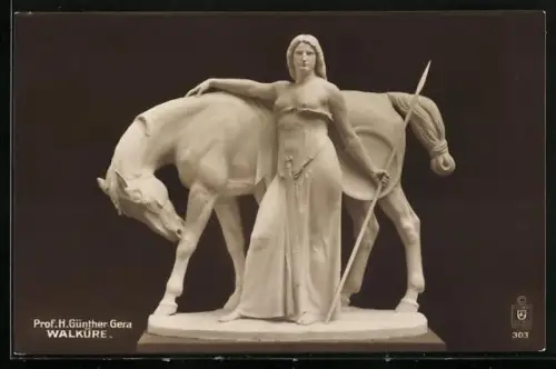 AK Walküre mit Speer und Schild vor ihrem Pferd