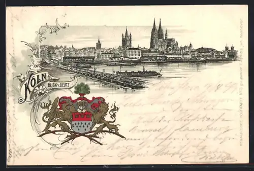 Lithographie Köln, Blick von Deutz auf die Altstadt, Wappen