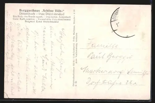 AK Dittersbach / Dürrröhrsdorf, Berggasthaus Schöne Höhe, Inh. Ernst Bretschneider