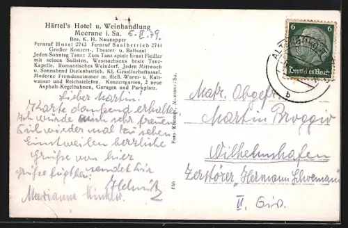 AK Meerane i. Sa., Härtel`s Hotel, Bes. K. H. Naunapper, Ansicht vom Speisesaal