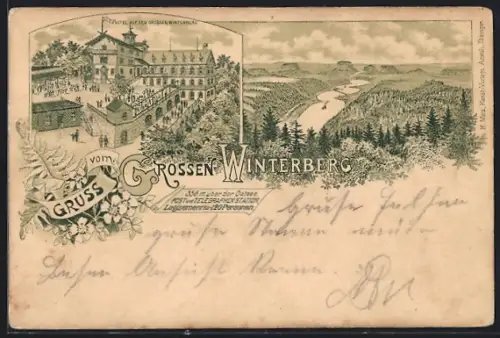 Lithographie Bad Schandau, Hotel Grosser Winterberg mit Landschaftsansicht