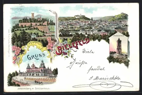Lithographie Bielefeld, Johannisberg mit Schützenhaus, Dreikaiserturm, Ortsansicht aus der Vogelschau