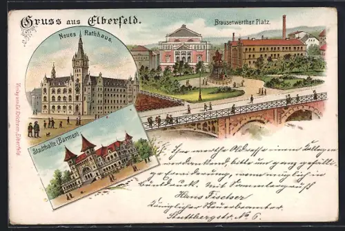 Lithographie Elberfeld, Neues Rathhaus, BRausenwerther Platz, Stadthalle Barmen