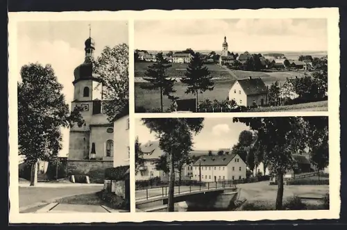 AK Regnitzlosau i. Bayern, Kirche, Brücke, Ortspartie
