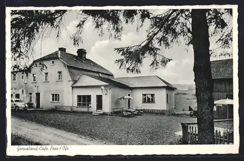 AK Prex bei Rehau /Ofr., Grenzland-Cafe, Strassenansicht mit Fernblick