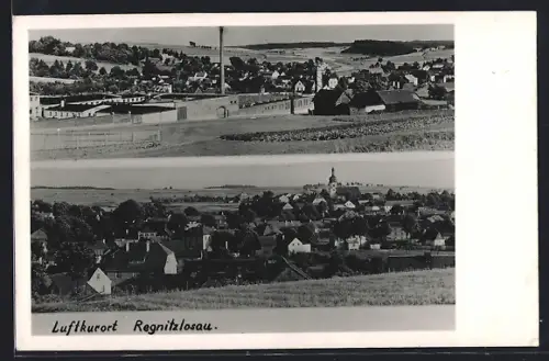 AK Regnitzlosau, Ortsansicht vom Feld aus, Fabrikgebäude