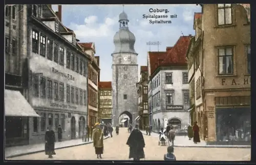 AK Coburg, Spitalgasse mit Spitalturm, Gasthof