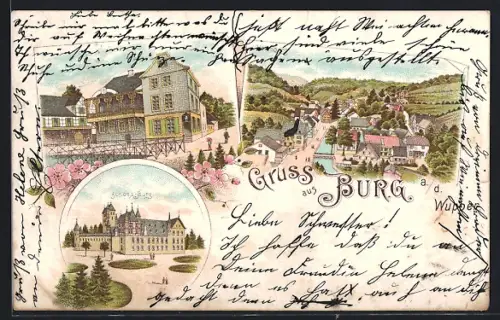 Lithographie Burg a. d. Wupper, Schloss Burg, Gasthaus, Ortsansicht aus der Vogelschau