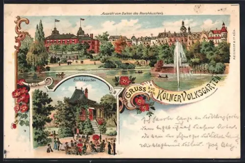 Lithographie Köln-Neustadt, Kölner Volksgarten, Bootshäuschen, Aussicht vom Balkon des Bootshäuschen auf einen Teich