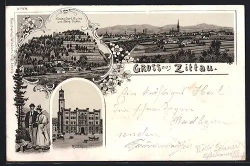 Lithographie Zittau, Panorama, Ruine mit Berg Oybin, Rathaus