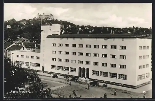 AK Coburg, Neues Postamt mit Blick auf die Veste Coburg