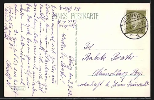 AK Coburg, Neues Postamt mit Blick auf die Veste Coburg