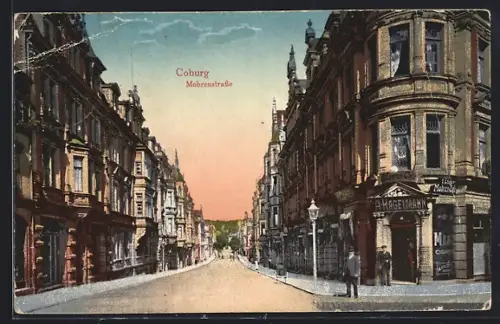 AK Coburg, Mohrenstrasse mit Geschäften