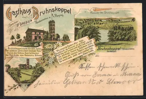 Lithographie Bruhnskoppel b. Gremsmühlen, Gasthaus Bruhnskoppel, Besitzer F. Grebien, Aussicht von Bruhnskoppel