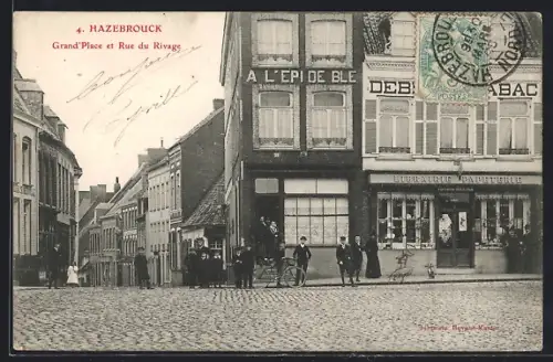 AK Hazebrouck, Grand`Place et Rue du Rivage avec commerces et passants