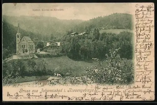 AK Johannisbad i. Riesengebirge, Kathol. Kirche m. Gloriett