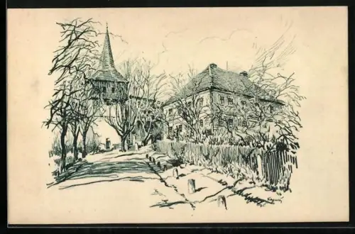 Künstler-AK Hronov, Hronovské pohledy, zvonice s farou Havlovického