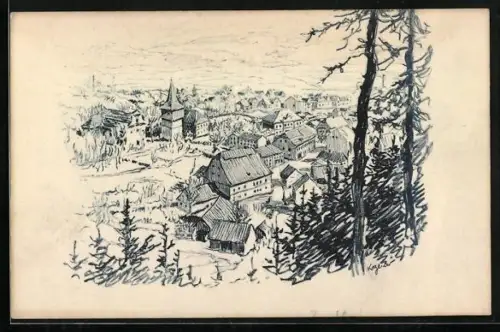Künstler-AK Hronov, Hronov od Jiraskova buku