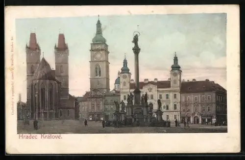AK Hradec Kralove, Platz mit Säulendenkmal und Kirche