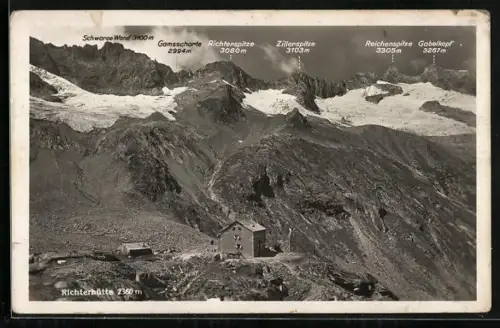 AK Richterhütte, Blick über die Berghütte zu den Gipfeln, Schwarze Wand, Gamsscharte, Zillerspitze