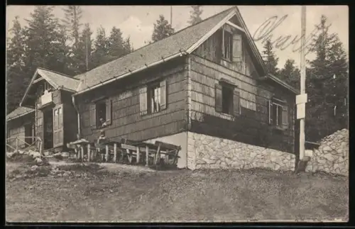 AK Herrgottschnitzerhütte am Wandeck, Hohe Wand, Leute bei der Rast