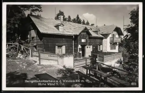 AK Herrgottschnitzerhütte, Berghütte am Wandeck, Hohe Wand, Hüttenansicht