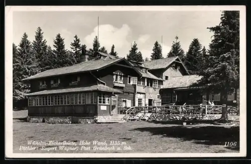 AK Wilhelm Eichert Hütte, Hohe Wand, Gäste vor der Hütte