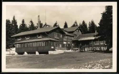 AK Wilhelm Eichert Hütte, Hohe Wand, Mann mit Hund vor der Hütte