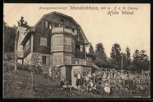 AK Wandeckhaus an der Hohen Wand, Wirt mit Gästen