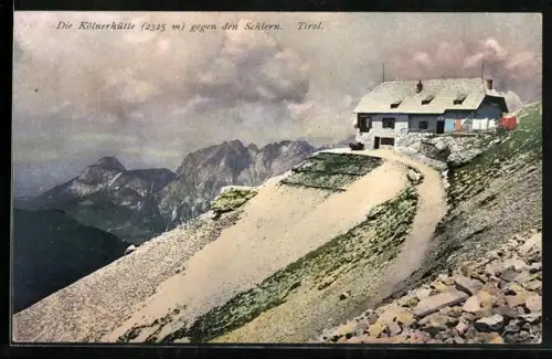 AK Kölnerhütte der Sektion Rheinland, Panorama mit Rosengarten-Dolomiten gegen den Schlern