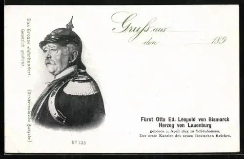 AK Serie: Das grosse Jahrhundert, Porträt von Otto Fürst von Bismarck