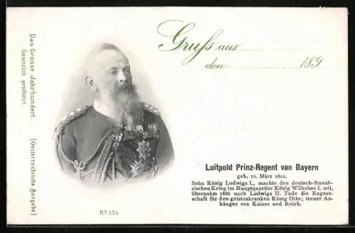AK Portrait von Prinzregent Luitpold in Uniform mit Ordensspange