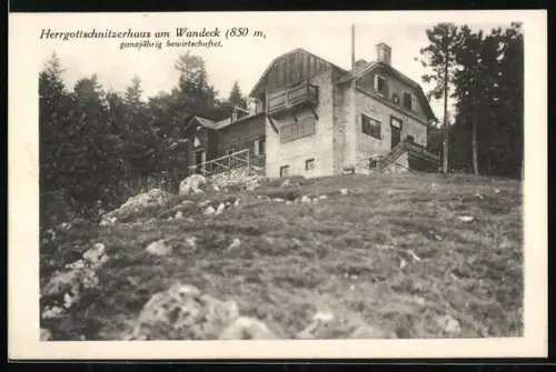 AK Herrgottschnitzerhaus am Wandeck, Motiv der Berghütte