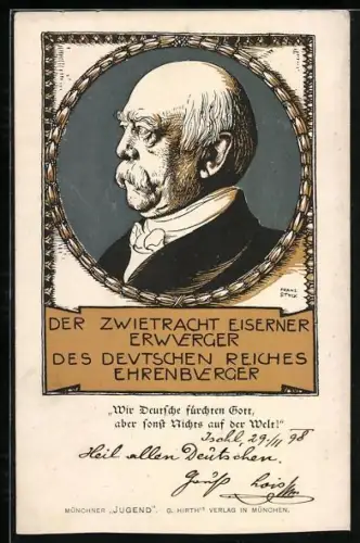 Künstler-AK Franz Stuck: Bismarck im Profil gemalt von Franz Stuck, deutschnationaler Spruch