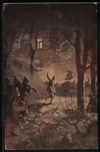 Künstler-AK Parkgefecht, Infanterie im Strassenkampf