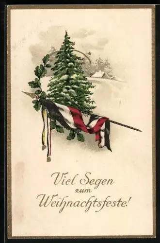 AK Segensgruss zum Weihnachtsfest, Tannenbaum in Winterlandschaft, Reichsflagge mit Eichenlaub