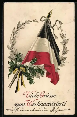 AK Grüsse zum Weihnachtsfest, Reichsfahne mit Lorbeerkranz, Tannenzweig & Fahne Österreich