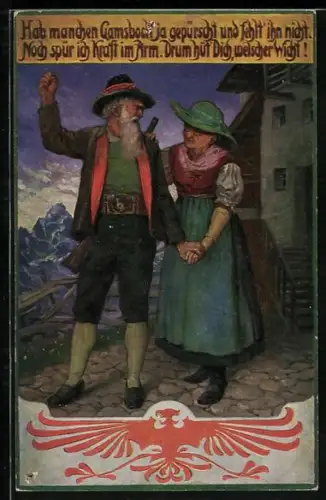 AK Jäger mit Gewehr hält seine Frau bei der Hand, Jagd