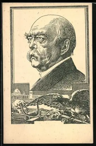 AK Bismarck im Reichstag 1872, Nach Canossa gehen wir nicht!, Adler mit Schwert und Totenkopf mit Schlange