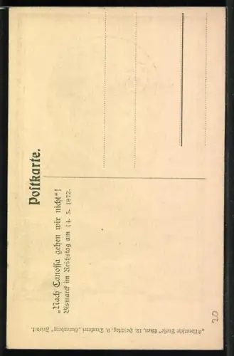 AK Bismarck im Reichstag 1872, Nach Canossa gehen wir nicht!, Adler mit Schwert und Totenkopf mit Schlange