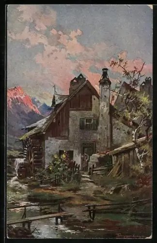 Künstler-AK Theodor Guggenberger: Wassermühle in einem Alpental
