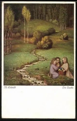 Künstler-AK Matthäus Schiestl: Mädchen pflücken Blumen an einer Quelle