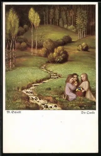 Künstler-AK Matthäus Schiestl: Mädchen pflücken Blumen an einer Quelle