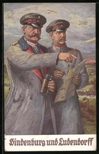 AK Hindenburg und Erich Ludendorff in Mänteln mit Fernrohr u. Karte