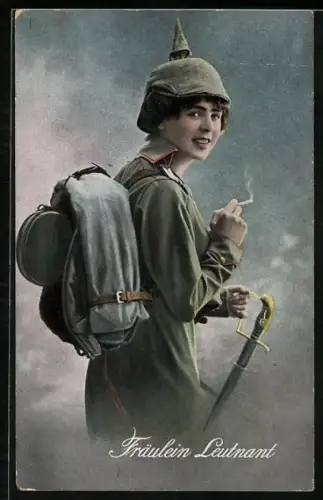 Künstler-AK Fräulein Leutnant mit Soldatengepäck und Zigarette