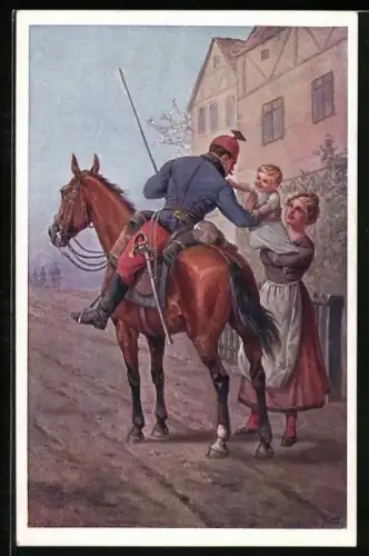 AK Deutscher Schulverein Nr. 729: Kavalleriesoldat in Uniform zu Pferde mit Frau und Kind